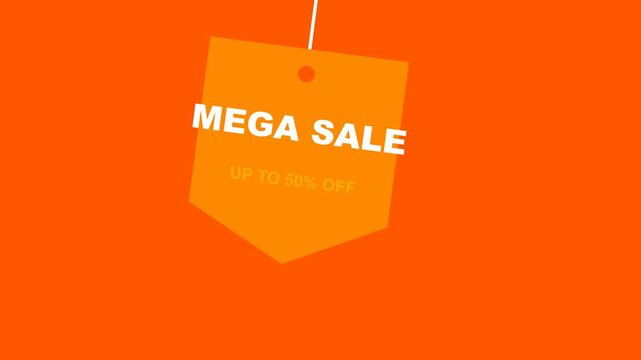 Orange hanging price tags with mega sale text and fifty percent off promotion for retail shops