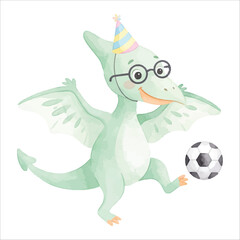 Cute Pterodactyl Playing Soccer with Nerd Glasses and Party Hat, Pastel Green Watercolor Flat Vector Illustration Isolated on White Background  © Mae