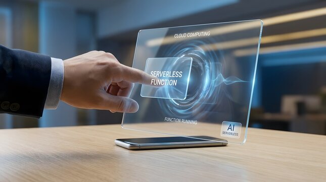 Serverless computing concept hand interacting with holographic interface