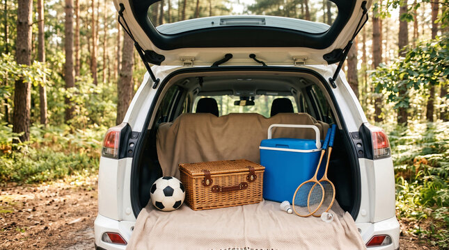 Open car trunk packed with picnic essentials in scenic forest landscape, adventure