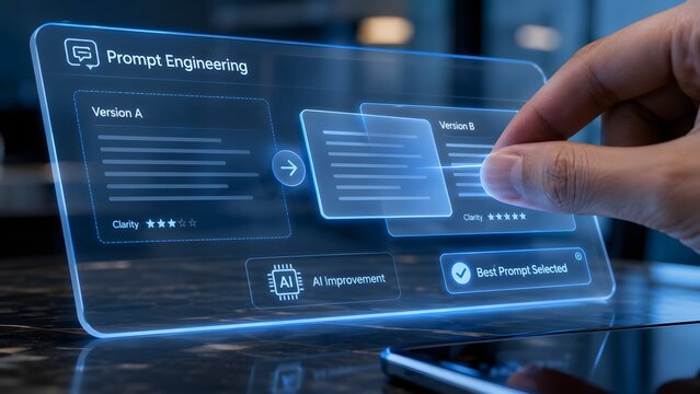 Ai prompt engineering interface comparing and selecting optimal text prompts for ai models