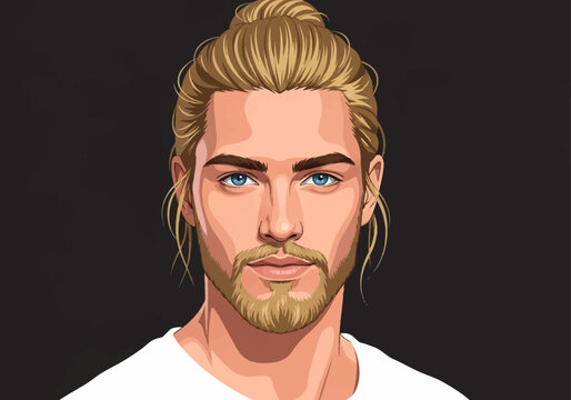 Vector illustration of a handsome young man with a blonde man bun hairstyle and blue eyes, wearing a white t-shirt, front-facing close-up portrait on a dark background.