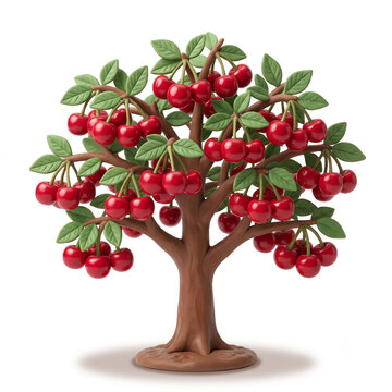 Ilustraci&oacute;n 3D de un &aacute;rbol de cerezo con cerezas maduras, aislado sobre fondo blanco
