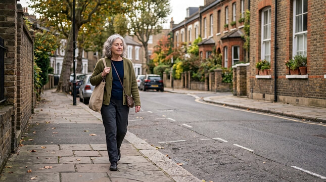 Senior woman walking alone on urban residential street for healthy aging, retirement lifestyle blogs, neighborhood community websites, and daily life independence content