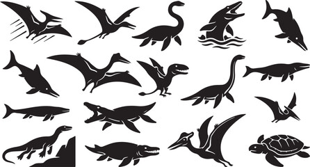 Set of black silhouettes of prehistoric sea and flying dinosaurs and ancient marine reptiles © OMESA