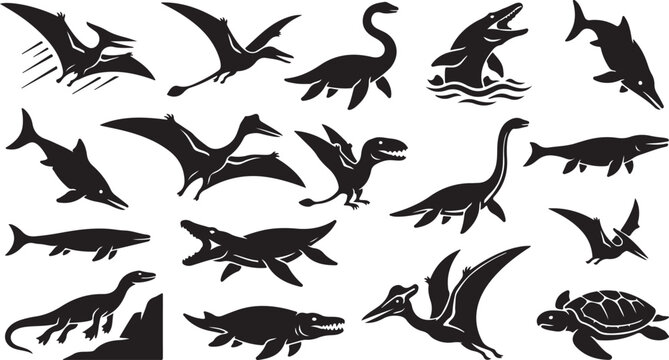 Set of black silhouettes of prehistoric sea and flying dinosaurs and ancient marine reptiles