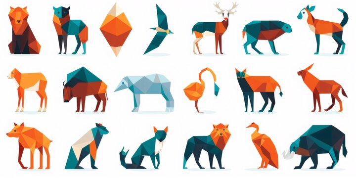 Geometric low poly animals collection on white background