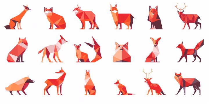 Low poly geometric animals set with foxes and deer
