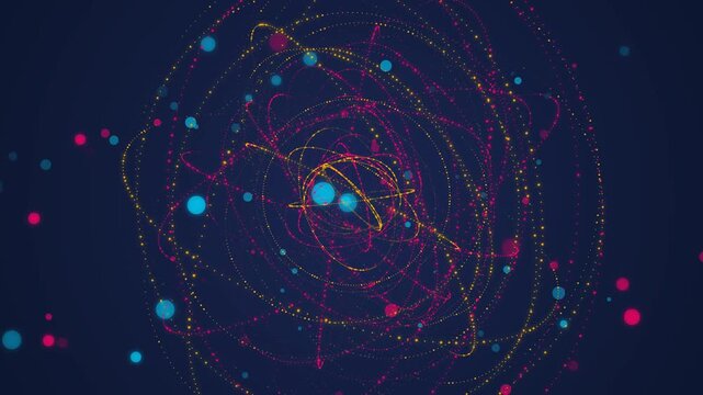 Rotating spheres of light and glowing particles forming complex orbital paths in deep dark space