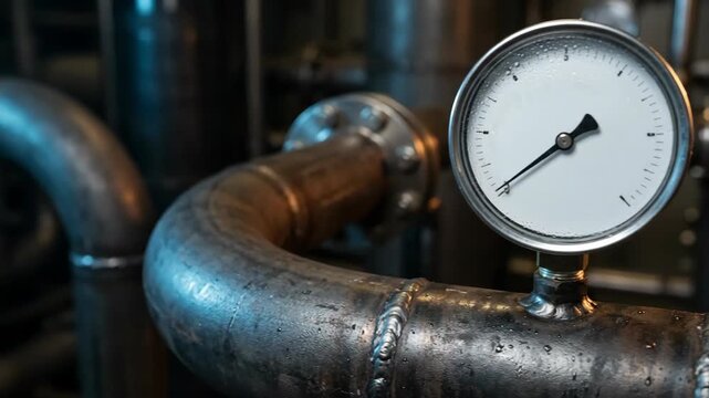Pressure gauge mounted on industrial steel pipe system. Metal tubes with round manometer monitoring mechanical production equipment in factory processing facility