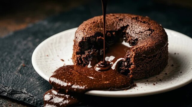 Chocolate cake molten dessert sauce plate dark sweet baked pastry rich lava cake glossy flowing chocolate ceramic plate fork close up bakery food scene warm cinematic rustic table