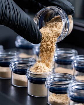 Close medium shot of powders being carefully handled and transferred on a biobased carbon precursor line focused on sustainable material production.