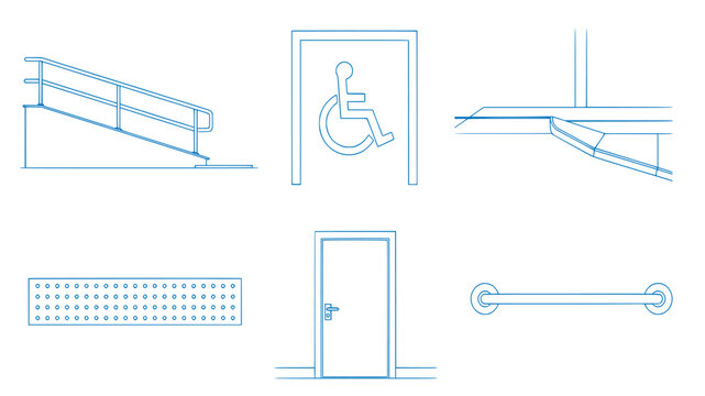 Set of accessibility and ADA compliance symbols in CAD line-art style, including ramps, tactile paving, and accessible parking, for architectural drawings.