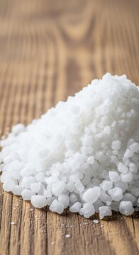 Essential coarse sea salt piled high on a rustic wooden background, highlighting the beautiful crystalline structure and purity of the foundational seasoning, crystalline, necessity, rock salt