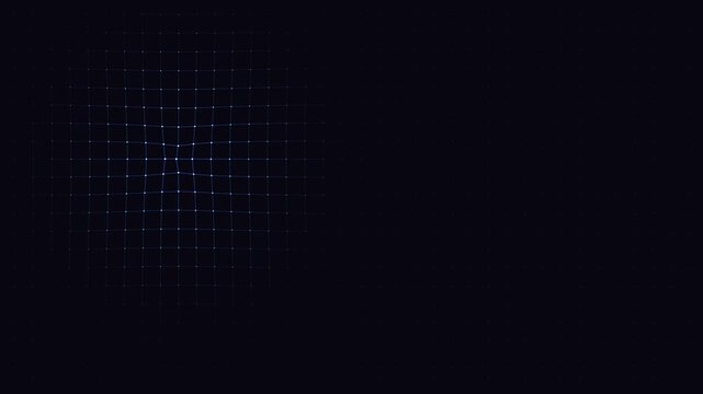 Digital grid lines warp and distort around a central point on a dark background in a minimalist 3D rendering layout for tech dataviz screens