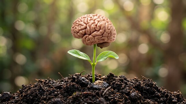 Human brain growing from soil. Organic cognitive development.