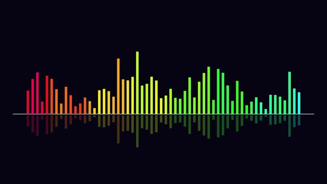 Dynamic Audio Equalizer Bars with Vibrant Rainbow Colors on Dark Background Representing Sound Waves and Music Visualization for Digital Media Projects
