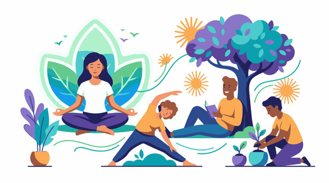 Diverse people enjoying mindful outdoor activities amidst nature's embrace