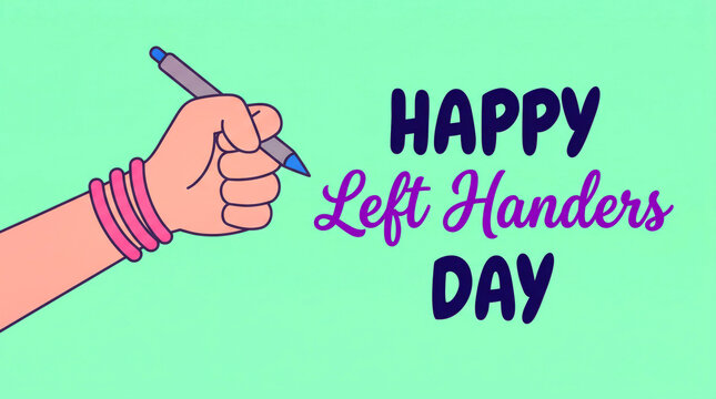 Happy left handers day illustration with hand holding pen and pink bracelet