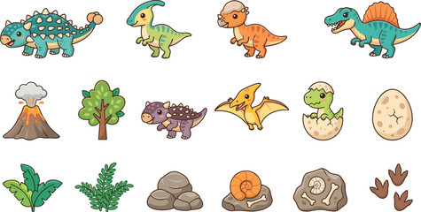 Cute Dinosaur Cartoon Elements Collection with Prehistoric Animals Fossils and Nature Icons © MstShahida