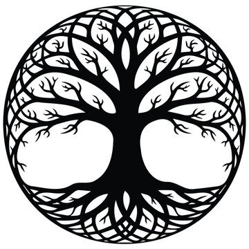 Tree of life circle vector silhouette illustration, line art emblem or logo design.