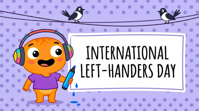 Cartoon character celebrating international left-handers day with birds