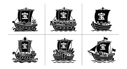 Black silhouette viking ships with sails and ornate details vector illustration © MdNirob