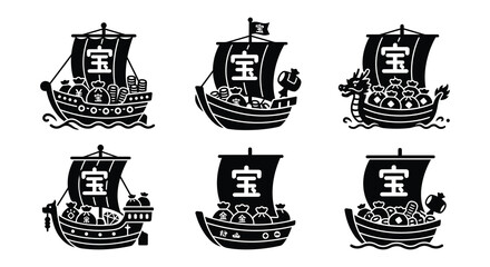 Black silhouette viking ships with sails and ornate details vector illustration © MdNirob