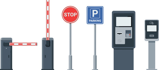 Automated Parking Lot Management System Vector Set with Boom Barrier Gates Stop and Parking Traffic Signs Ticket Validation Machine and Card Payment Terminal © MdLiton
