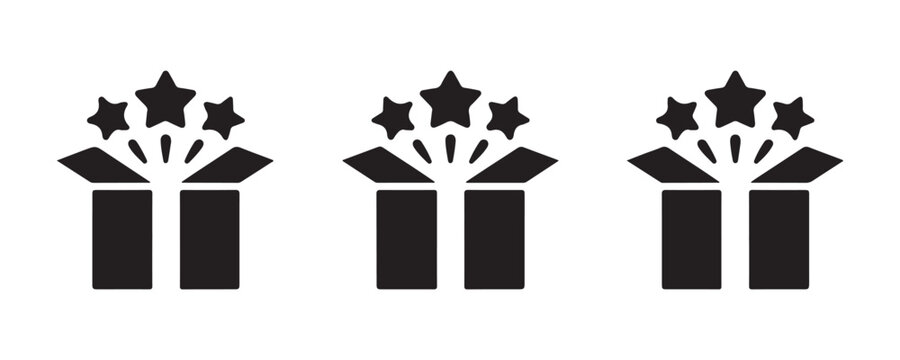 Open gift box icons with stars flying out on transparent background for surprise and bonus concept.