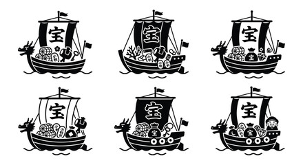 Black silhouette viking ships with sails and ornate details vector illustration © MdNirob