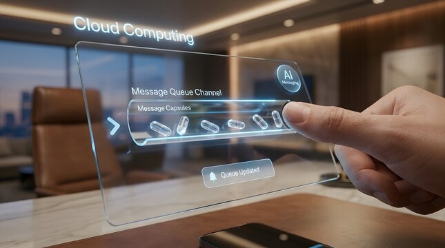 Cloud computing interface with message queue visualization and ai messaging display