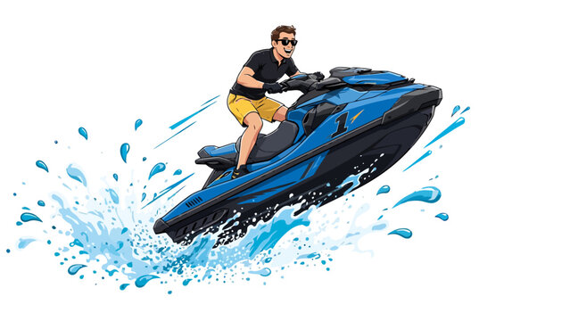 Man riding a blue jet ski with water splashing, wearing a black t-shirt and sunglasses on a white background.