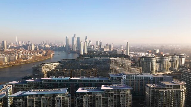 Aerial Drone View of the River Thames and London Skyline from Battersea, England