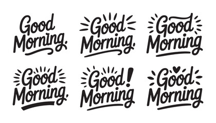 Fototapeta premium Creative good morning text set with sunburst accents and underline strokes vector graphic design.