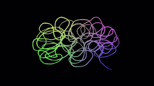 Rainbow gradient brain doodle tangled scribble on transparent background, conceptual mental health chaos animation loop. chaotic thoughts, creativity, ADHD, anxiety, bipolar disorder, brainstorming