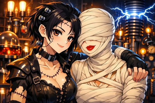 il mostro di frankestein in versione femminile bacia una mummia donna, The female version of Frankenstein's monster kisses a female mummy