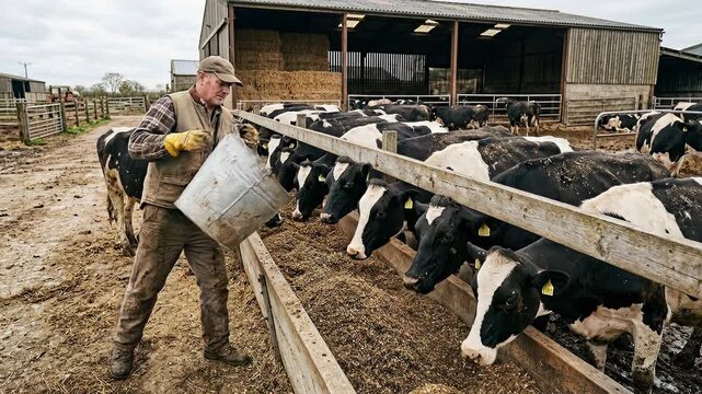 Farmer cow feed farm trough cattle barn agriculture livestock rural worker pouring grain for dairy herd hungry cattle in muddy farmyard near barnyard feeder