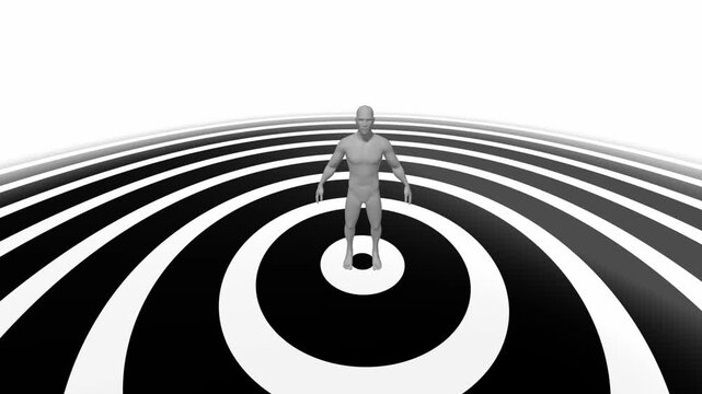 High angle shot of a grey human character model standing at the center of black and white concentric rings expanding outward over a clean 3D space