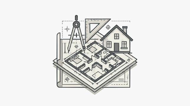 Professional Black and White Architectural Drawing Set with Compass Protractor House Blueprint and Floor Plan