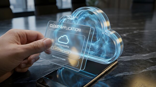 Cloud application deployment success holographic badge with ai and computing icons