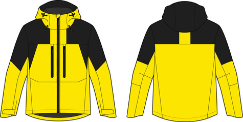 Blank yellow and black windbreaker jacket mockup technical sketch template with front and back views color block outdoor outerwear apparel vector illustration © mdaminul