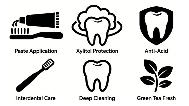 Basic teeth cleaning operation icon, apply toothpaste with xylitol protection, resist acid corrosion, deeply clean the gaps between teeth, and use green tea ingredients for long-lasting freshness 