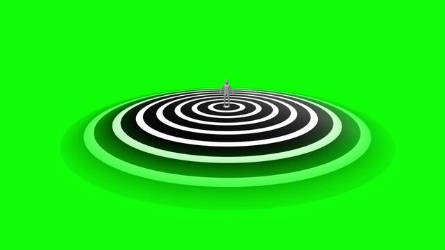 Grey human figure stands centered on a black and white concentric circular platform glowing with bright green neon lighting accents in a high contrast 3D animation