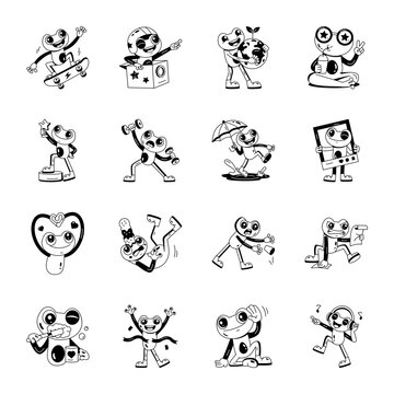 Fun frog mascot icons featuring music, games, outdoor activities, sports, drawing, fishing, sleeping, and playful expressions in glyph vector style. 

