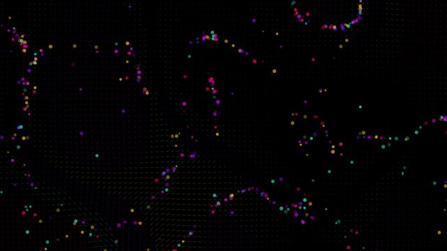 Abstract particles drift over a subtle flow field vector grid in an ambient 3D animation loop with a vibrant neon pink and teal color palette