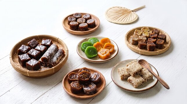 An assortment of traditional Indonesian sweet sticky rice cakes, dodol and jenang, with sesame seeds, pandan, and roll varieties served on plates and bamboo trays on a white wooden background.