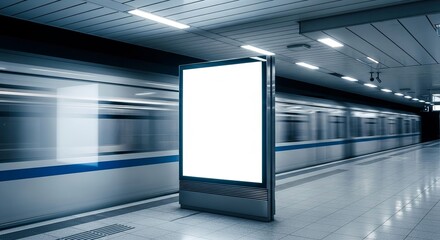 Obraz premium A large rectangular blank white billboard display stands upright featuring a sleek metallic frame and bright internal glowing light panels