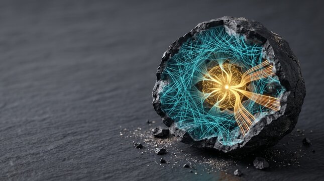 Black geode revealing a valuable network of glowing data