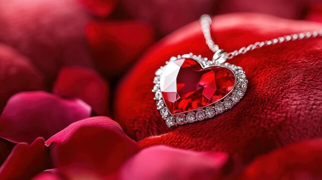 Heart-shaped pendant necklace resting on velvet with rose petals